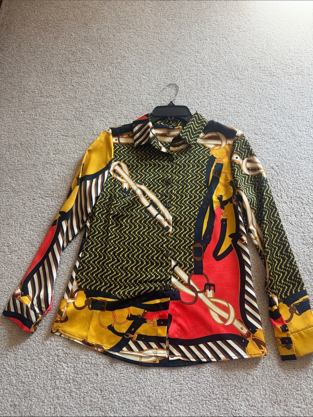 Women’s Multi-Pattern Button on-Down Blouse in Yellow, Red & Black.